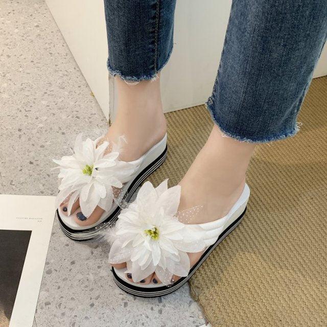 Stevvex women's flower platform flip flops with white petals, open-toe, thick sole on Tampa Home & Garden Store