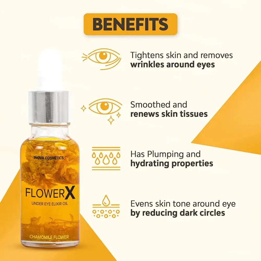 FlowerX Under Eye Elixir Oil by Inova Cosmetics in amber glass bottle with dropper chamomile on Tampa Home & Garden Store