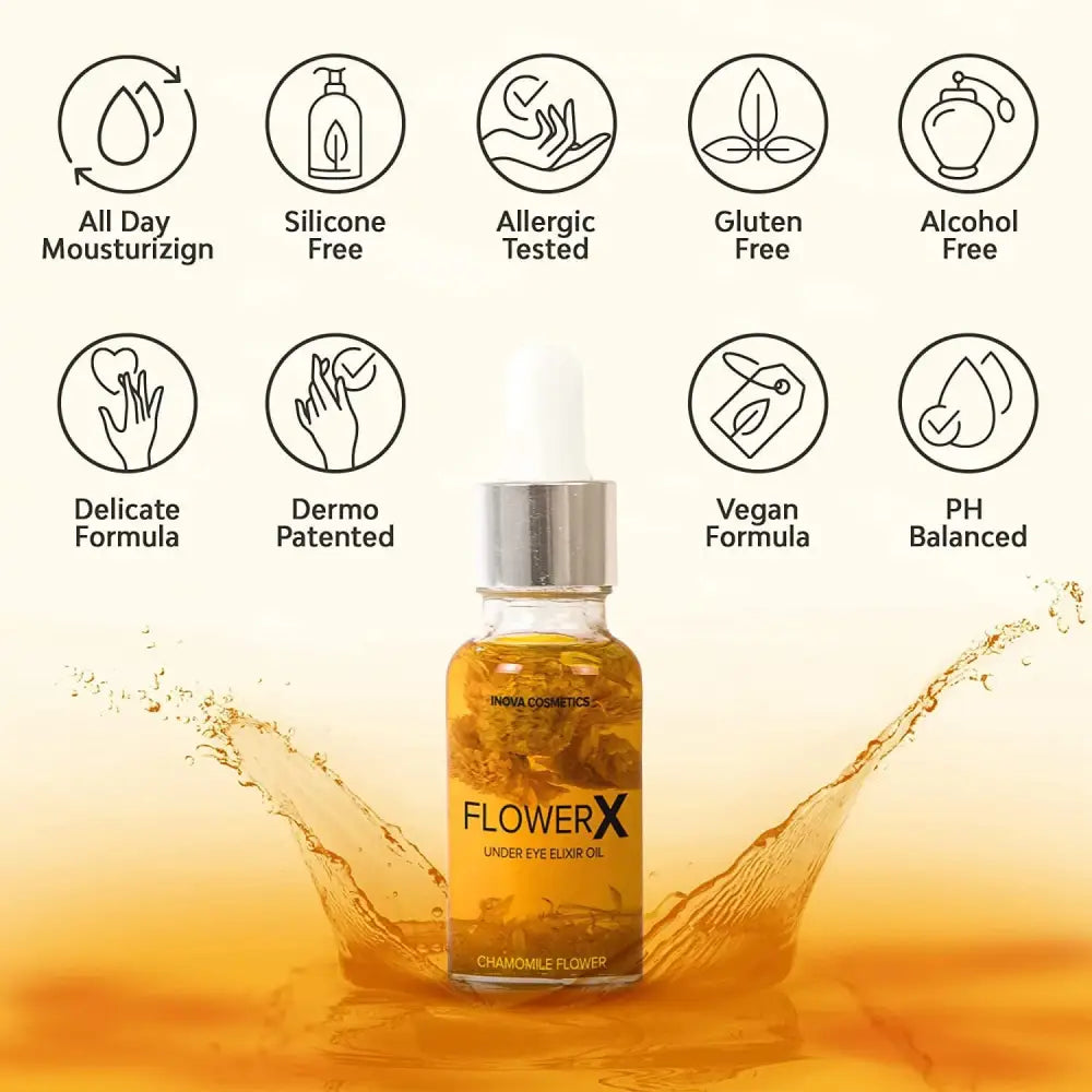 FlowerX Under Eye Elixir Oil; chamomile flower, anti aging, vegan, silicone-free, pH balanced on Tampa Home & Garden Store