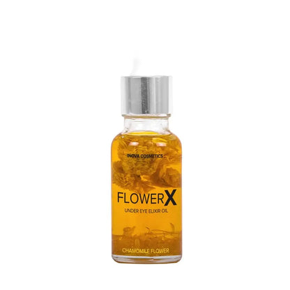 FlowerX Under Eye Elixir Oil by Inova, amber glass bottle with silver cap and chamomile on Tampa Home & Garden Store