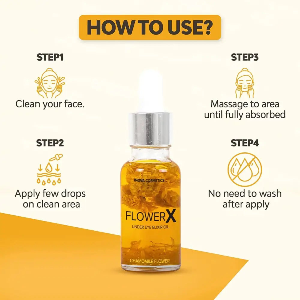 FlowerX Under Eye Elixir Oil by Inova Cosmetics in amber glass bottle with chamomile petals on Tampa Home & Garden Store
