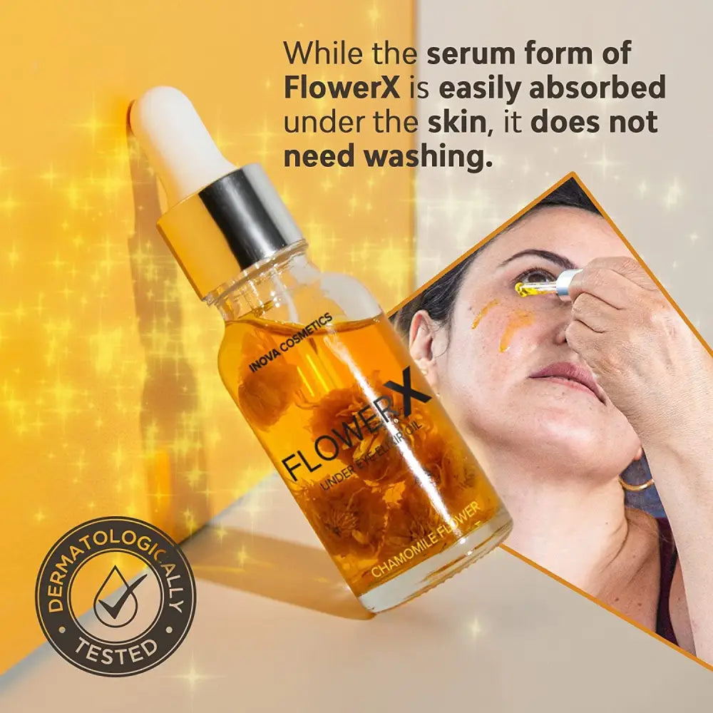 FlowerX Anti Aging Serum under eye bottle with amber liquid and dropper, dermatologically tested on Tampa Home & Garden Store