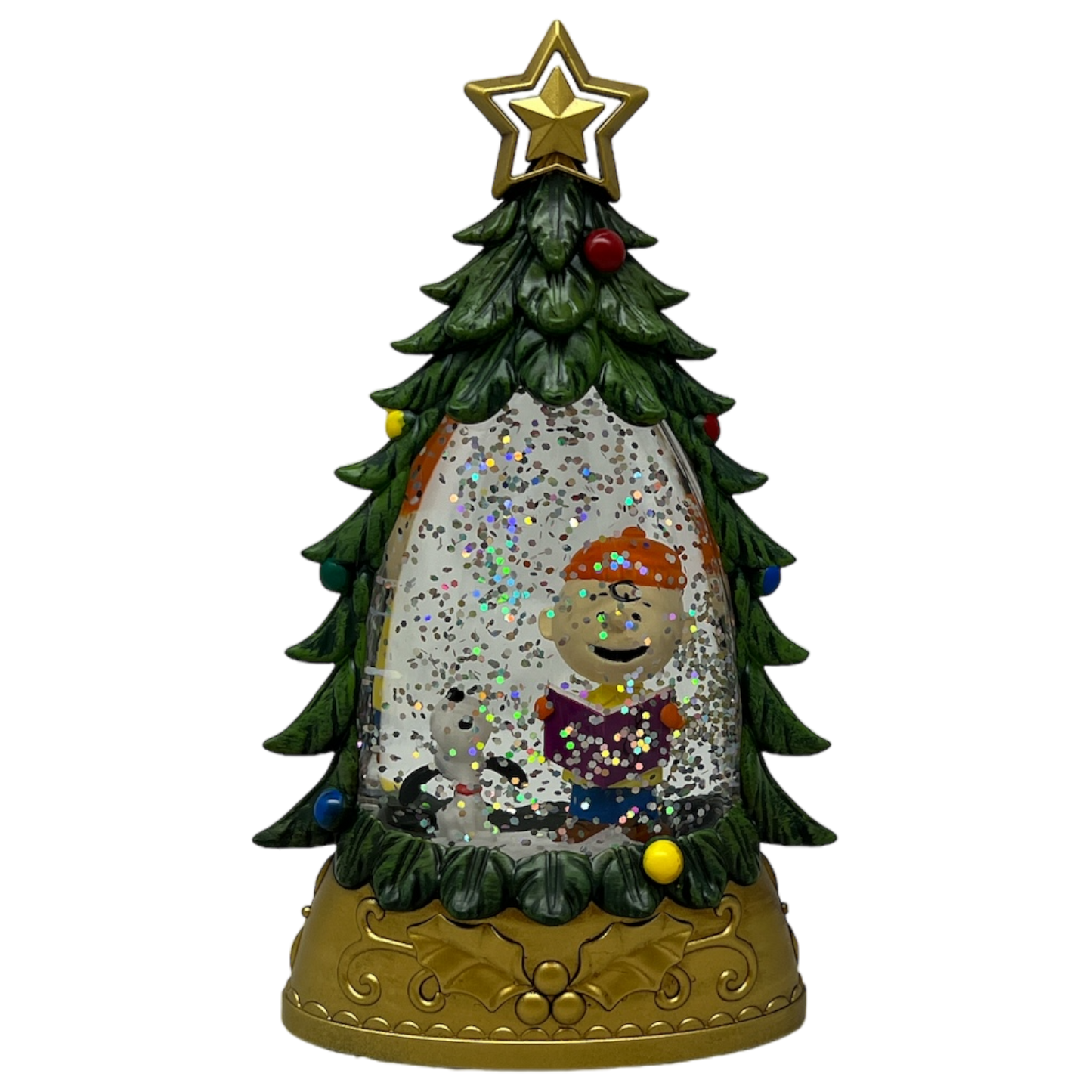Lighted Snoopy Shimmer Tree snow globe with glitter confetti and Snoopy and Charlie Brown on Tampa Home & Garden Store