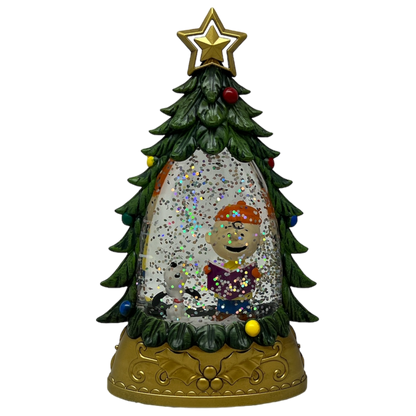 Lighted Snoopy Shimmer Tree snow globe with glitter confetti and Snoopy and Charlie Brown on Tampa Home & Garden Store