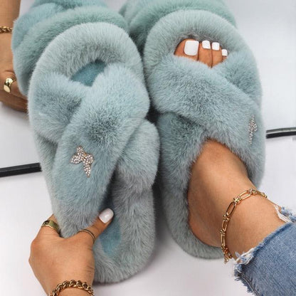 Women faux fur slippers with rhinestone butterfly, light blue pair by Stevvex ST85SH1894GIO on Tampa Home & Garden Store