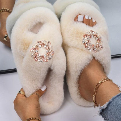 Women Stevvex faux fur slippers with rhinestone butterfly accents, cream pair on Tampa Home & Garden Store