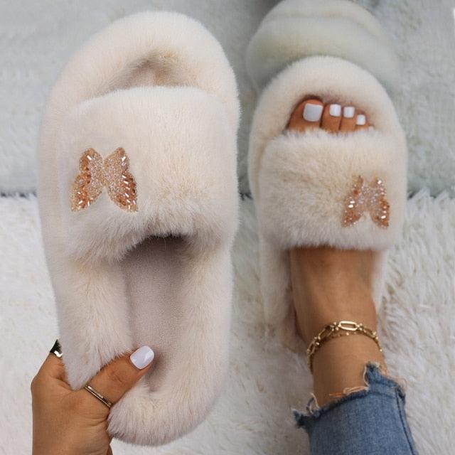 Women faux fur slippers with rhinestone butterfly embellishment, cream color, Stevvex pair on Tampa Home & Garden Store