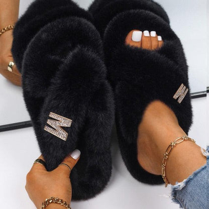 Women faux fur slippers black with rhinestone butterfly accent pair on Tampa Home & Garden Store