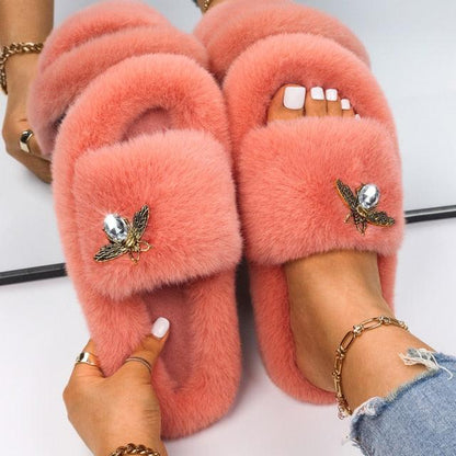 Women faux fur slippers coral pink slide pair with rhinestone butterfly brooch Stevvex on Tampa Home & Garden Store