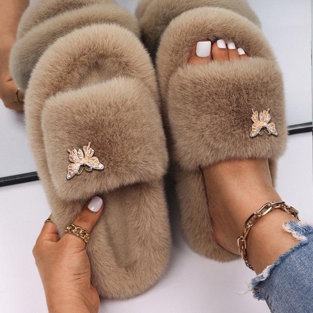 Women Faux Fur Slippers Stevvex beige plush with rhinestone butterfly accents pair on Tampa Home & Garden Store
