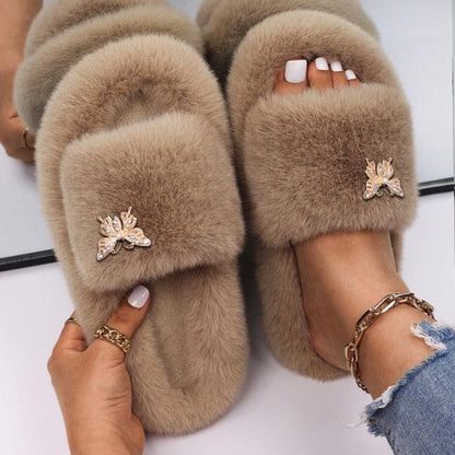 Women Faux Fur Slippers Stevvex beige plush with rhinestone butterfly accents pair on Tampa Home & Garden Store