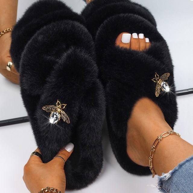 Women's faux fur slippers with rhinestone butterfly accents by Stevvex, black pair on Tampa Home & Garden Store