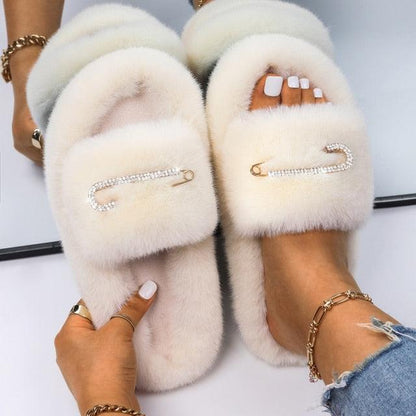 Women Stevvex faux fur slippers with rhinestone buckle accents, cream plush pair on Tampa Home & Garden Store