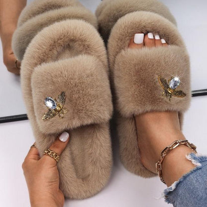Stevvex Women Faux Fur Slippers with rhinestone butterfly embellishments taupe fluffy slides on Tampa Home & Garden Store