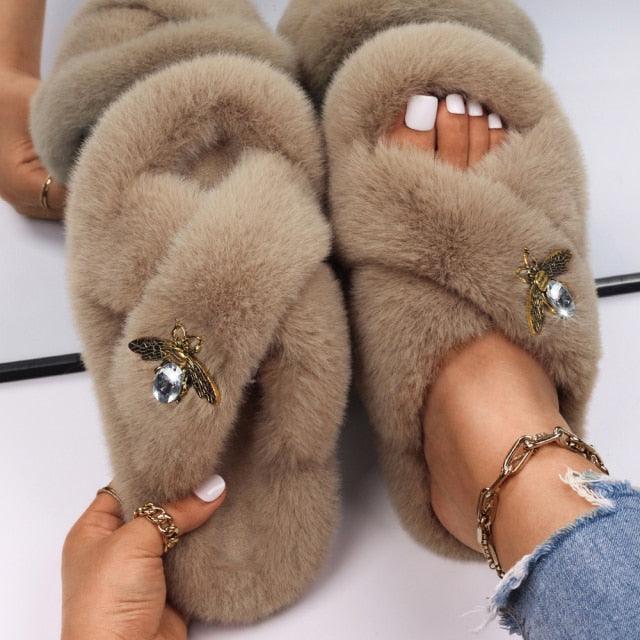 Stevvex women's faux fur slippers with rhinestone butterfly, beige tan pair on Tampa Home & Garden Store