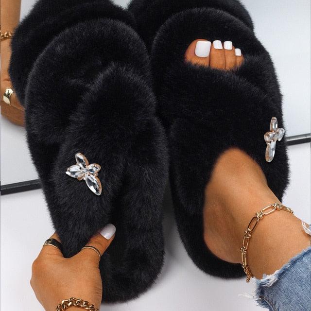 Women Stevvex faux fur slippers with rhinestone butterfly accents, black plush on Tampa Home & Garden Store