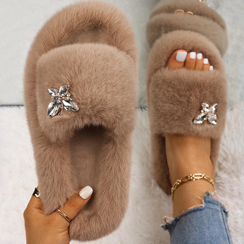 Women’s faux fur slippers with rhinestone butterfly embellishment, Stevvex taupe brown on Tampa Home & Garden Store