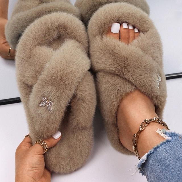 Stevvex beige faux fur slippers with rhinestone butterfly accents cross-strap slides on Tampa Home & Garden Store