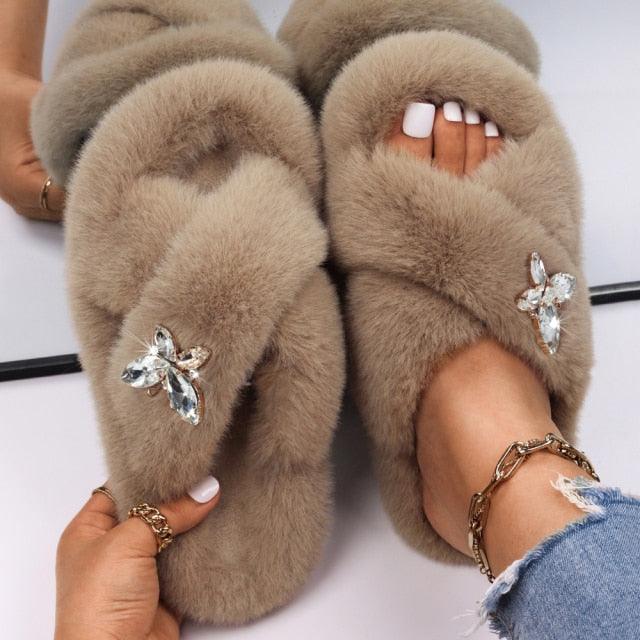 Stevvex women's taupe faux fur slippers with rhinestone butterfly embellishments, pair on Tampa Home & Garden Store
