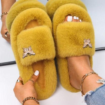 Women faux fur slippers pair with rhinestone butterfly, mustard yellow, Stevvex on Tampa Home & Garden Store