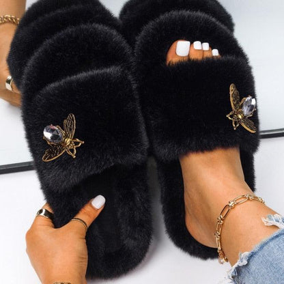 Stevvex women faux fur slippers with rhinestone butterfly, black plush slippers pair on Tampa Home & Garden Store
