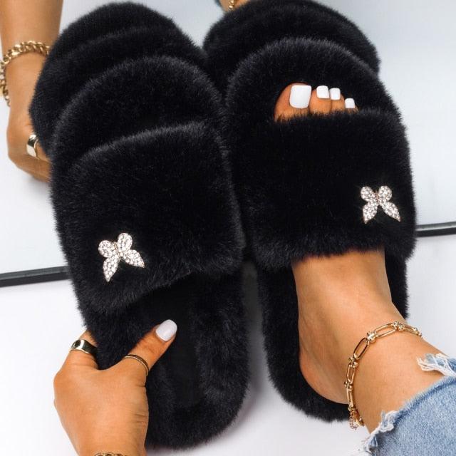Stevvex women black faux fur slippers with rhinestone butterfly accents, comfy pair on Tampa Home & Garden Store