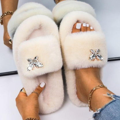 Stevvex Women Faux Fur Slippers with Rhinestone Butterfly, cream fluffy slides on Tampa Home & Garden Store