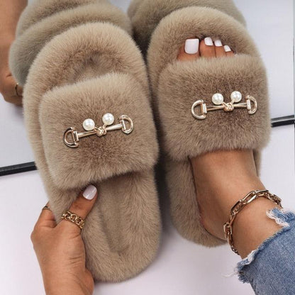 Women Stevvex faux fur slippers pair with rhinestone butterfly embellishment in beige on Tampa Home & Garden Store