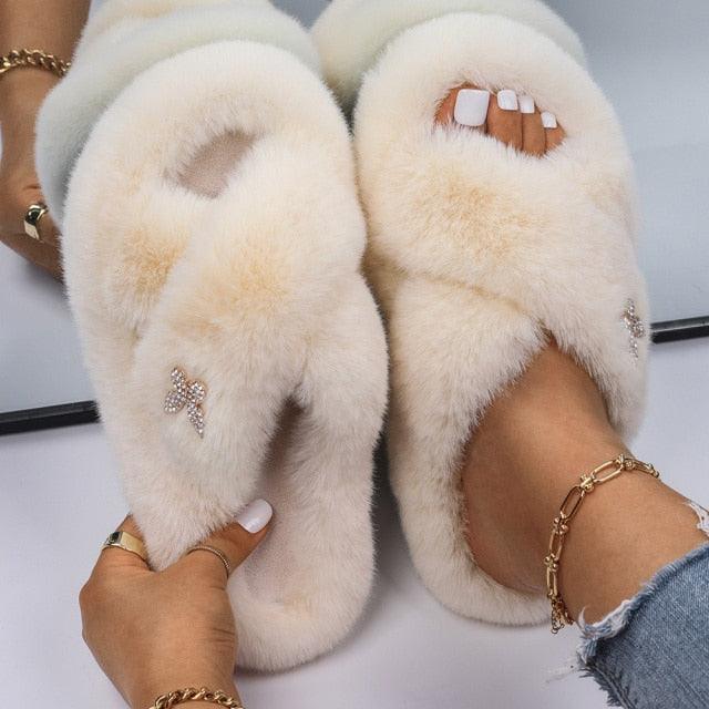 Women faux fur slippers by Stevvex with rhinestone butterfly, cream plush pair on Tampa Home & Garden Store