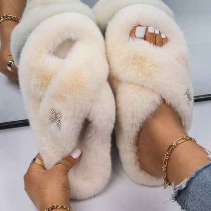 Women faux fur slippers by Stevvex with rhinestone butterfly, cream plush pair on Tampa Home & Garden Store