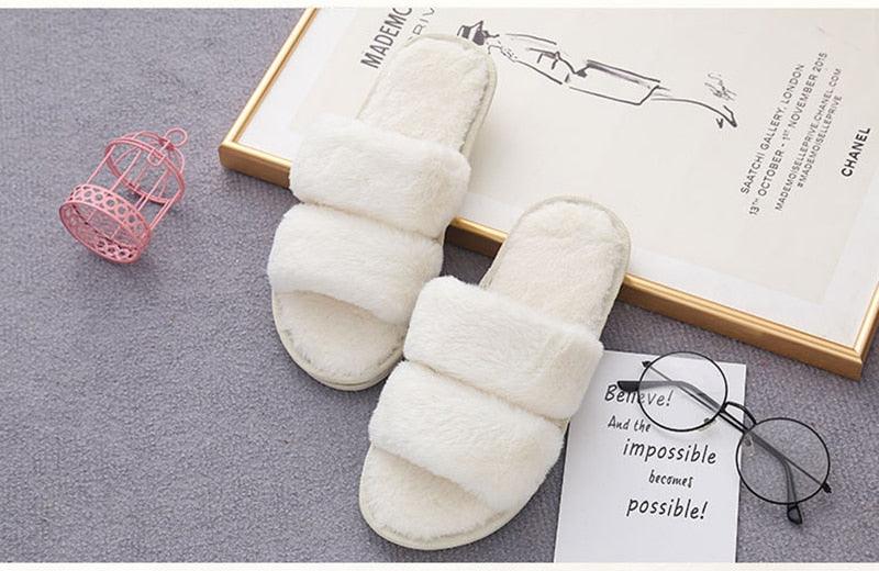 Fluffy white faux-fur cross-strap slippers for women; open-toe indoor slides with memory foam on Tampa Home & Garden Store