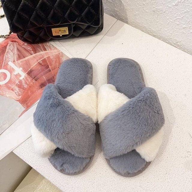 Stevvex women's fluffy cross-strap slippers gray white faux fur memory-foam indoor slides 1 pair on Tampa Home & Garden Store