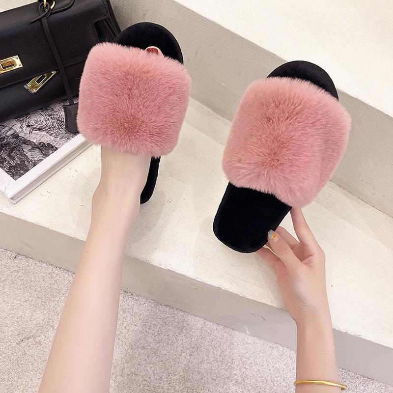Stevvex pink fluffy faux fur slippers for women, open-toe indoor slides with black sole on Tampa Home & Garden Store