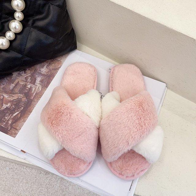 Stevvex fluffy cross strap slippers pair in pink and white faux fur for indoor wear on Tampa Home & Garden Store
