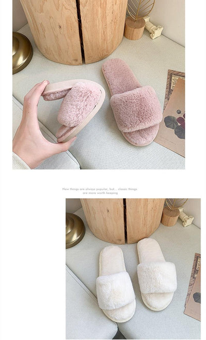 Pink fluffy cross-strap slippers and white plush slides with memory foam sole on Tampa Home & Garden Store