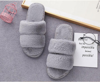 Pair of Stevvex fluffy gray faux-fur cross-slide slippers with memory foam on Tampa Home & Garden Store