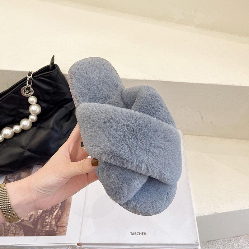Stevvex fluffy cross-strap slippers for women in gray faux fur memory foam slides on Tampa Home & Garden Store