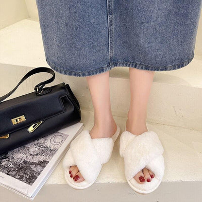 Stevvex white fluffy faux-fur cross-strap indoor slippers for women on Tampa Home & Garden Store