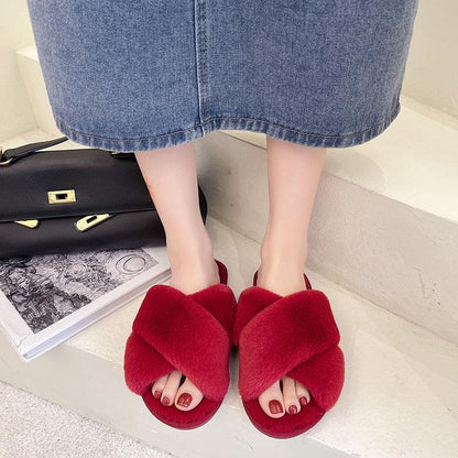 Stevvex fluffy red faux fur cross-strap slippers for women, open-toe indoor slides on Tampa Home & Garden Store