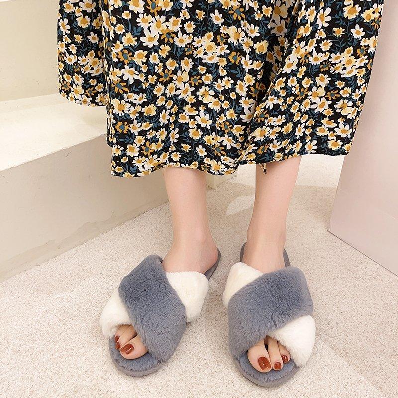 Women's fluffy cross-strap slippers in gray and white faux fur open-toe memory foam slides on Tampa Home & Garden Store