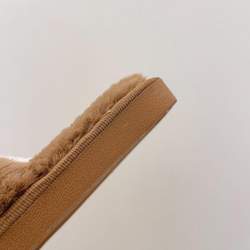 Fluffy slippers Stevvex tan faux fur cross indoor slides with memory foam sole on Tampa Home & Garden Store