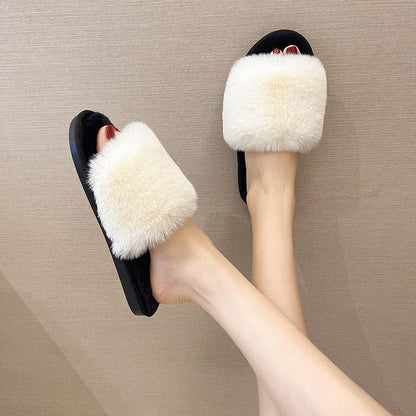 Fluffy faux fur slippers for women with open toe, memory foam in white Stevvex on Tampa Home & Garden Store