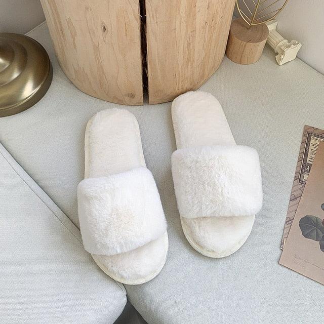 Stevvex white faux fur cross-strap memory-foam indoor slippers, open-toe comfort on Tampa Home & Garden Store