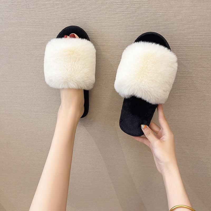 2 fluffy fur slippers for women with ivory faux fur strap on black sole memory foam slides on Tampa Home & Garden Store