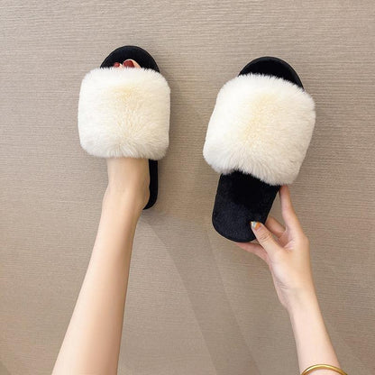 2 fluffy fur slippers for women with ivory faux fur strap on black sole memory foam slides on Tampa Home & Garden Store