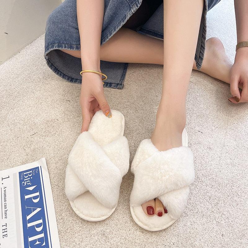 Stevvex fluffy cross-strap slippers white faux fur open-toe memory-foam indoor slides on Tampa Home & Garden Store