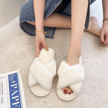 Stevvex fluffy cross-strap slippers white faux fur open-toe memory-foam indoor slides on Tampa Home & Garden Store