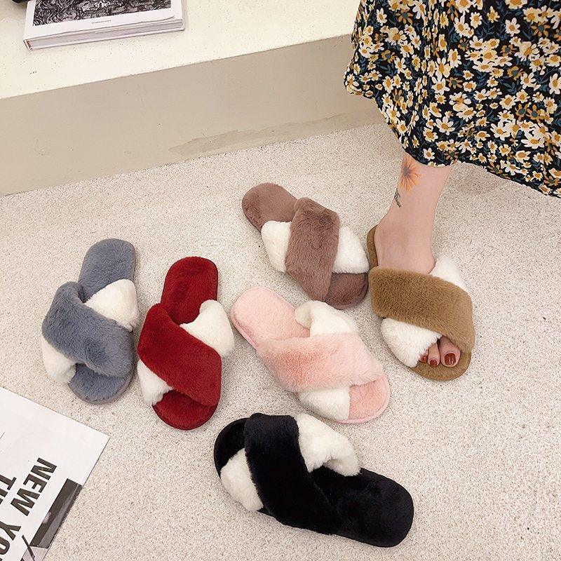 Stevvex fluffy cross-strap slippers tan with plush accents; color options on Tampa Home & Garden Store