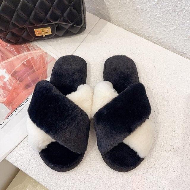 Stevvex fluffy faux fur cross-strap slippers with black and white open-toe indoor slides on Tampa Home & Garden Store