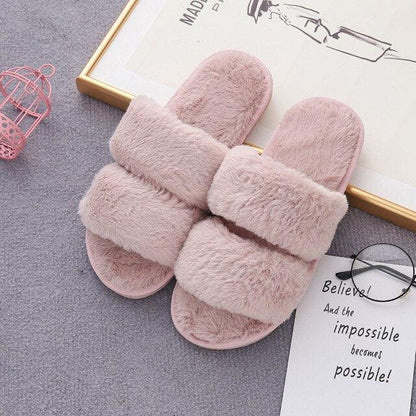 Fluffy Slippers Stevvex pink faux-fur cross-slide open-toe indoor memory foam slides on Tampa Home & Garden Store